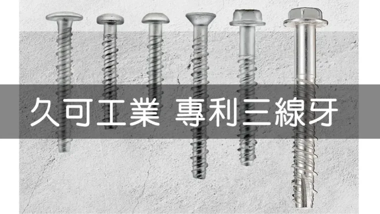 圖片展示六種不同頭型的久可工業專利三線牙螺絲，材質均為金屬銀色，螺絲紋路清晰可見，背景為淺灰色水泥牆面。螺絲頭部設計各異，包含圓頭、平頭、錐形等，展示產品的多樣性與適用性。