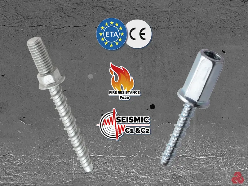 圖片展示兩個銀色金屬錨栓,通過ETA和CE認證,並具有F120防火等級和C1/C2耐震等級,適用於地震高發區的建築結構連接,確保建築物安全及穩定性。