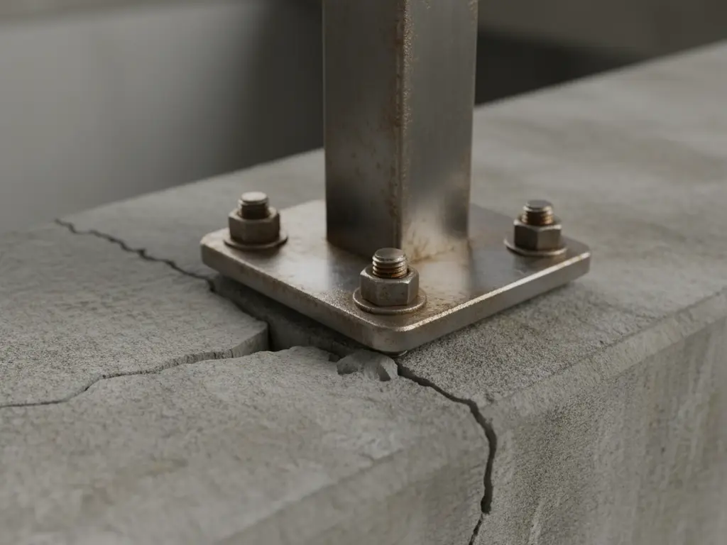 特寫鏡頭顯示水泥牆面出現裂縫,金屬方柱底座以螺絲固定於牆上。水泥材質粗糙,裂縫明顯,顯示結構可能存在問題。金屬底座帶有鏽跡,四顆螺絲緊固,整體呈現工業風格。