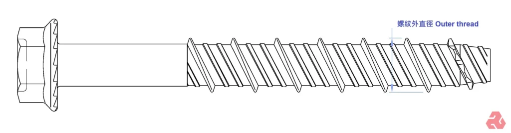 螺絲外徑示意圖，黑白線條勾勒出螺絲的完整結構，清晰展示螺絲頭、螺紋以及螺紋外徑的細節，圖中標註了螺紋外徑的尺寸信息，可用於工程設計或機械製造相關領域參考。