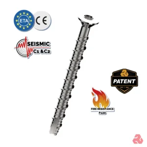 圖片展示一根銀色鋼結構螺釘，具有獨特的螺紋設計，並標有 ETA、CE、耐震 C1 & C2 和防火 F120 等認證標誌，證明其優異的結構性能和安全性。該螺釘擁有專利，成立於 1984 年。