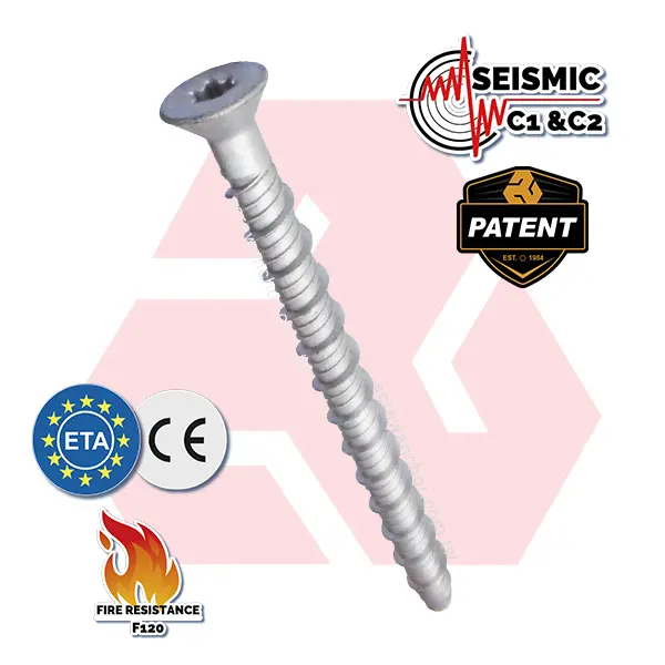 圖片展示一支銀色的建築螺絲，具有專利設計，通過耐震測試C1和C2，同時具有F120防火等級。螺絲旁邊有ETA歐洲技術認證和CE標誌，證明其符合相關安全標準，品質可靠。