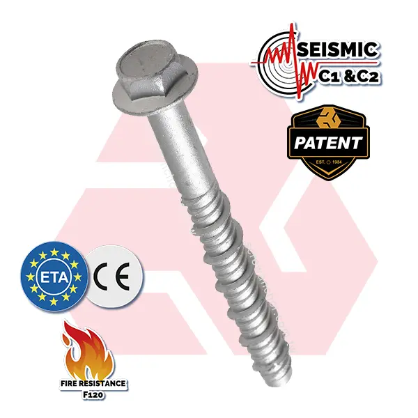 特寫銀色混凝土螺絲釘，具有六角法蘭頭和螺紋軸，顯示地震 C1和 C2、防火 F120、專利（自 1984 年起）以及 CE 和 ETA 認證，適用於建築工程和固定。